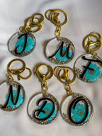 Flowery Acrylic Initial Turquoise Keychain