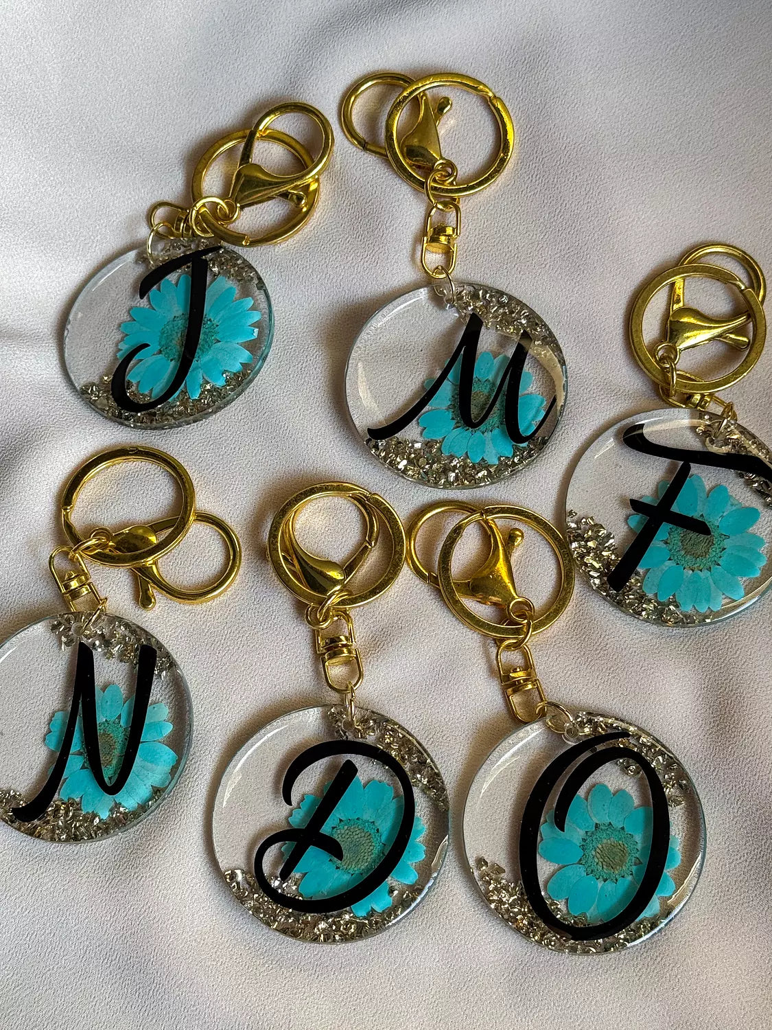 Flowery Acrylic Initial Turquoise Keychain