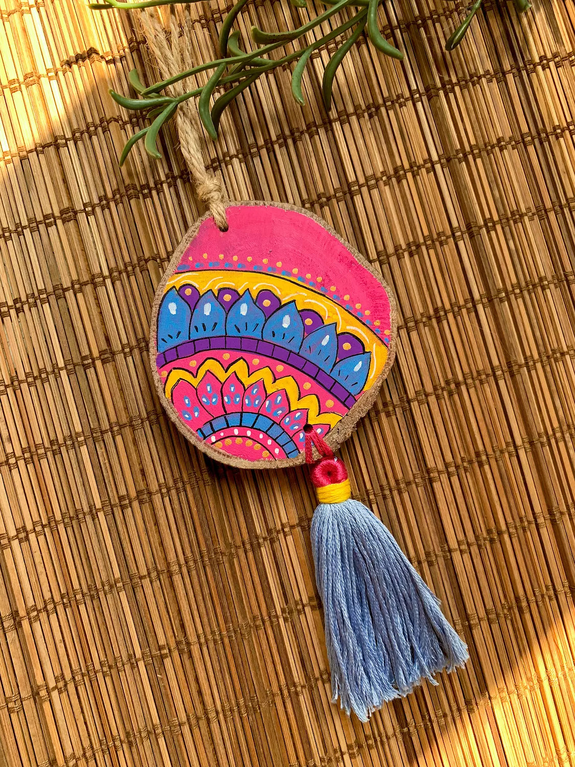 Pink Mandala Medium Tassel Wood Car Hanger