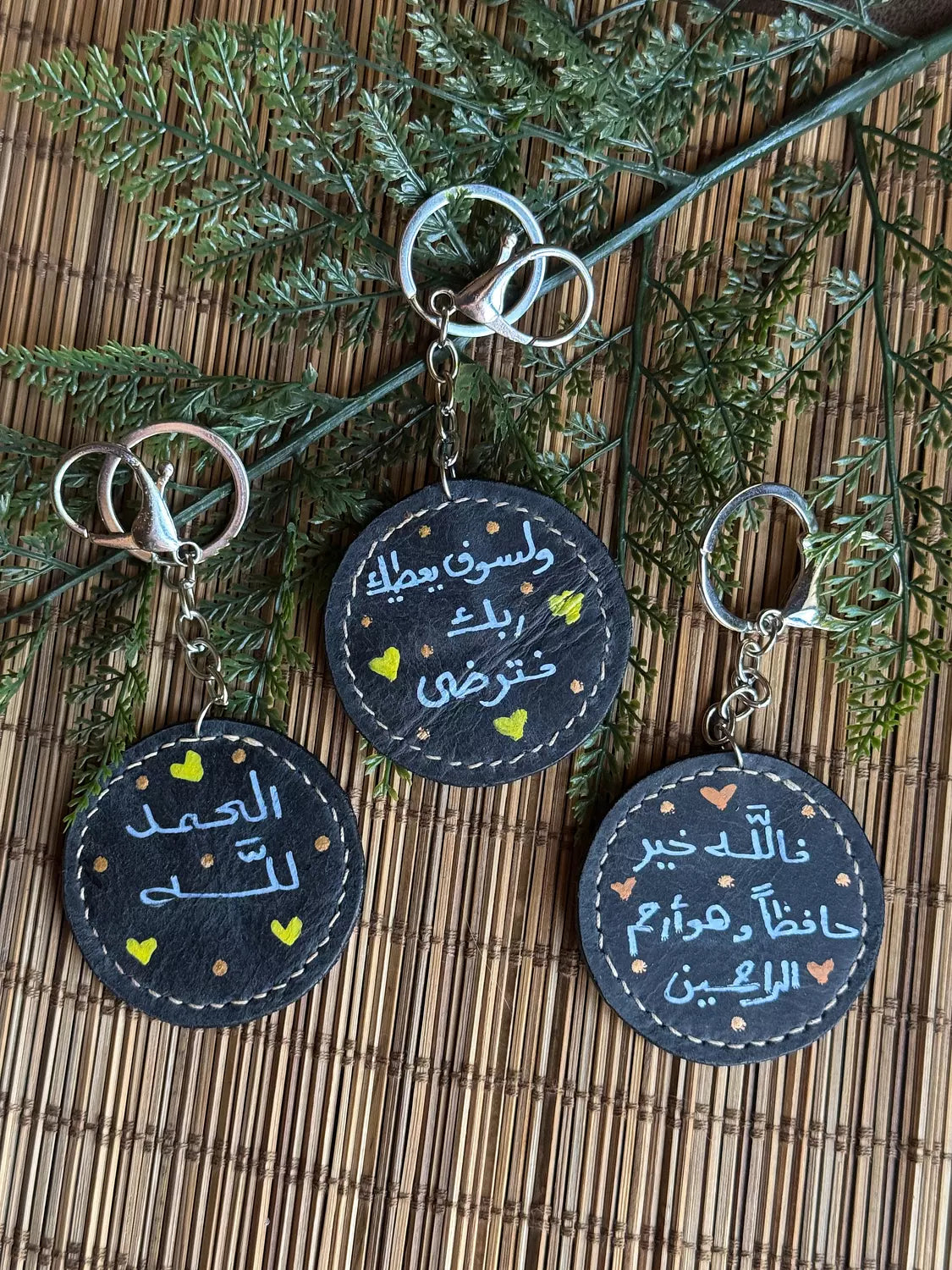 Natural Leather Quote Keychain " Black Round "