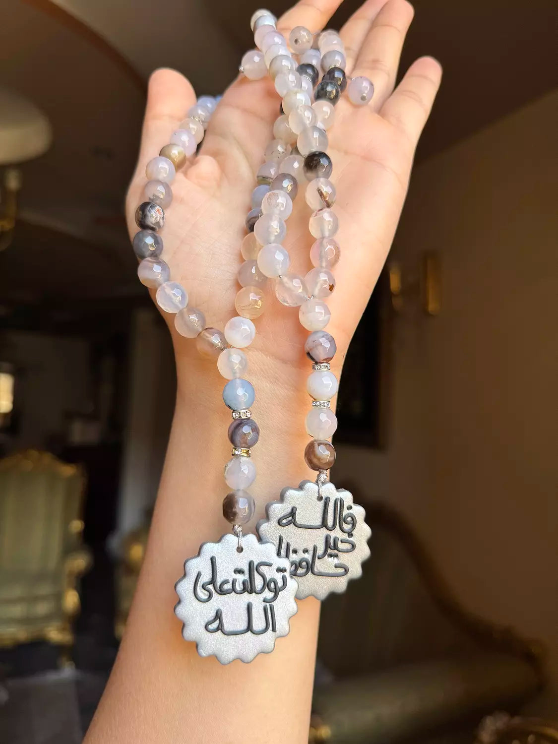 Agate Grey Rosary Car Hanger