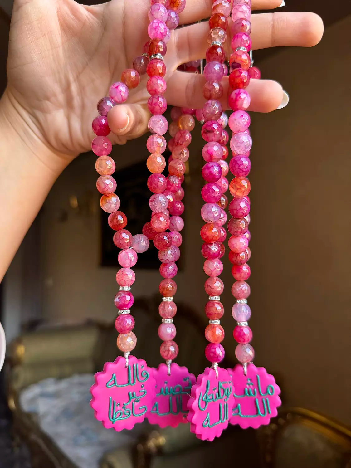 Agate Fuschya Rosary Car Hanger