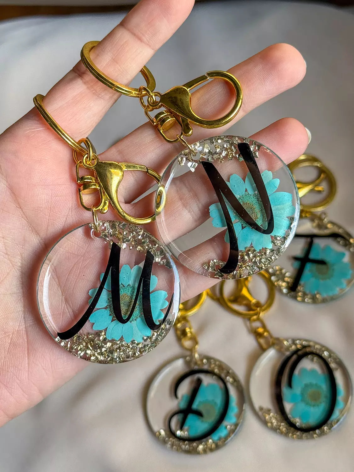 Flowery Acrylic Initial Turquoise Keychain