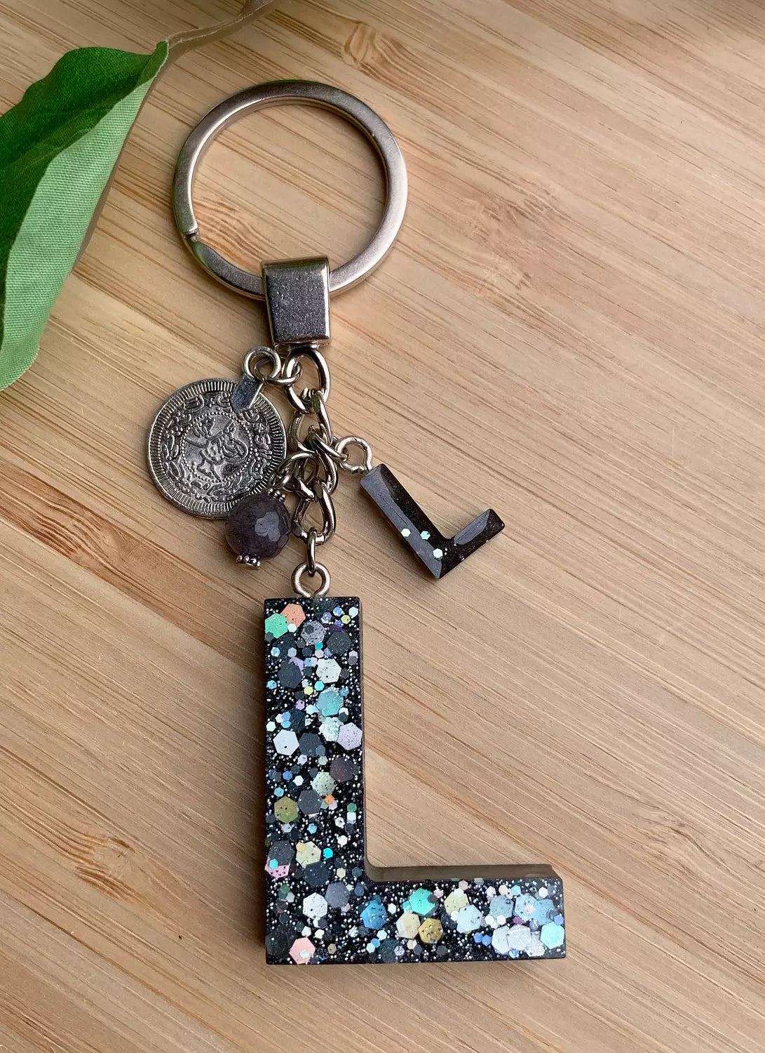 Resin Letters Keychain ( Glitter Space Grey )