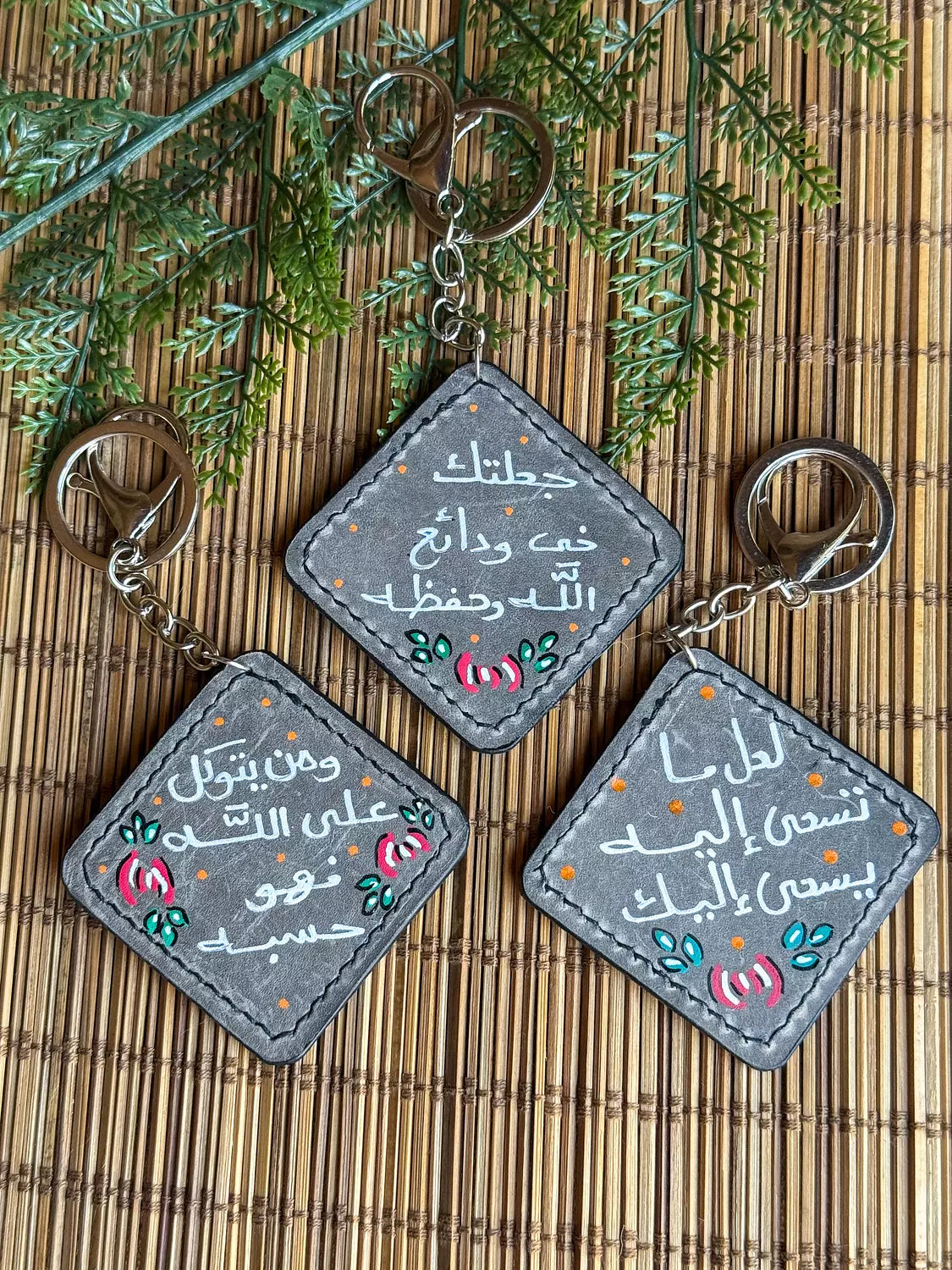 Natural Leather Quote Keychain " Grey Square "