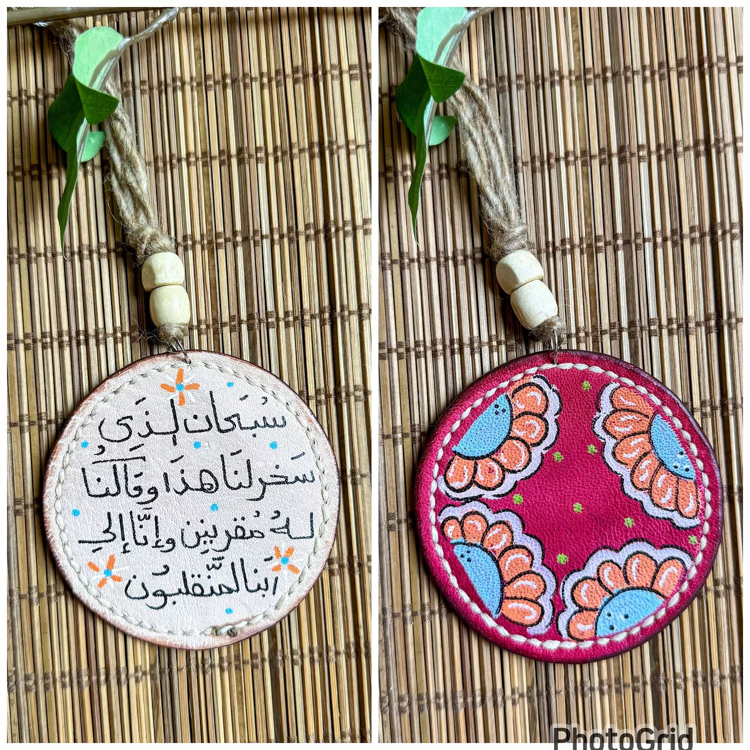  " Orange Flowers " Natural Leather Round Car Hanger