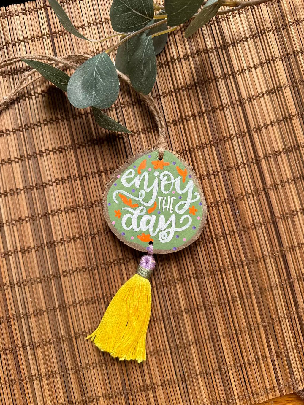 "Enjoy the Day" Medium Tassel Wood Car Hanger