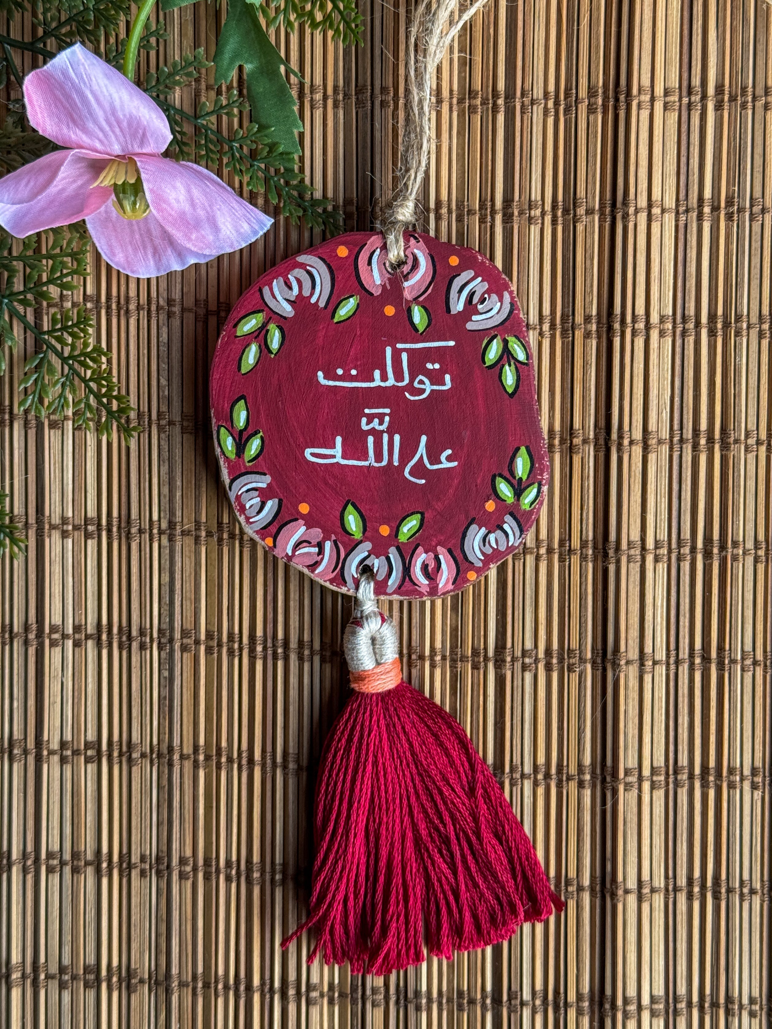 Flower Wreath Maroon Medium Tassel Wood Car Hanger