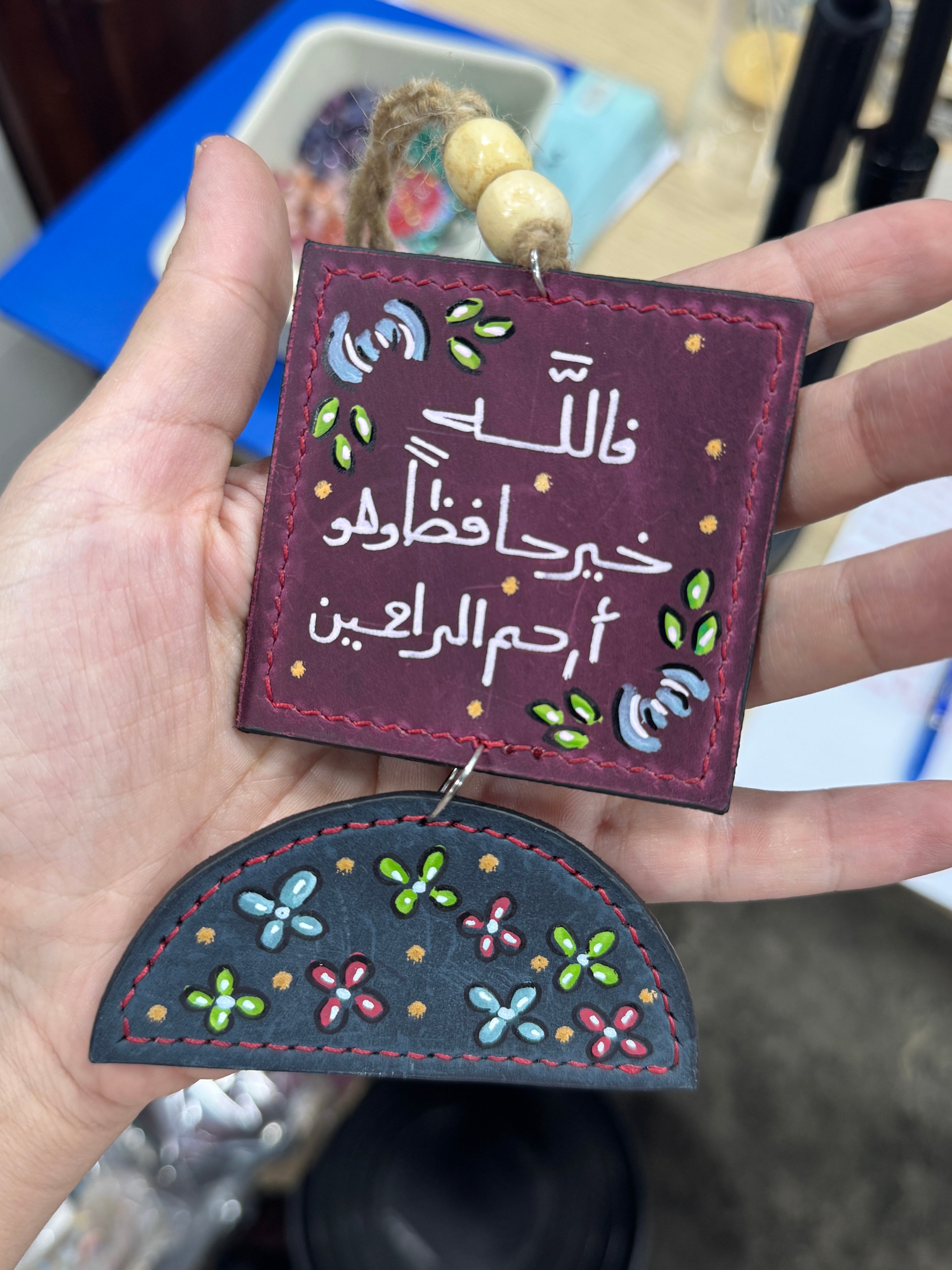 " Flowers Burgundy " Natural Leather Square & Half Circle Car Hanger