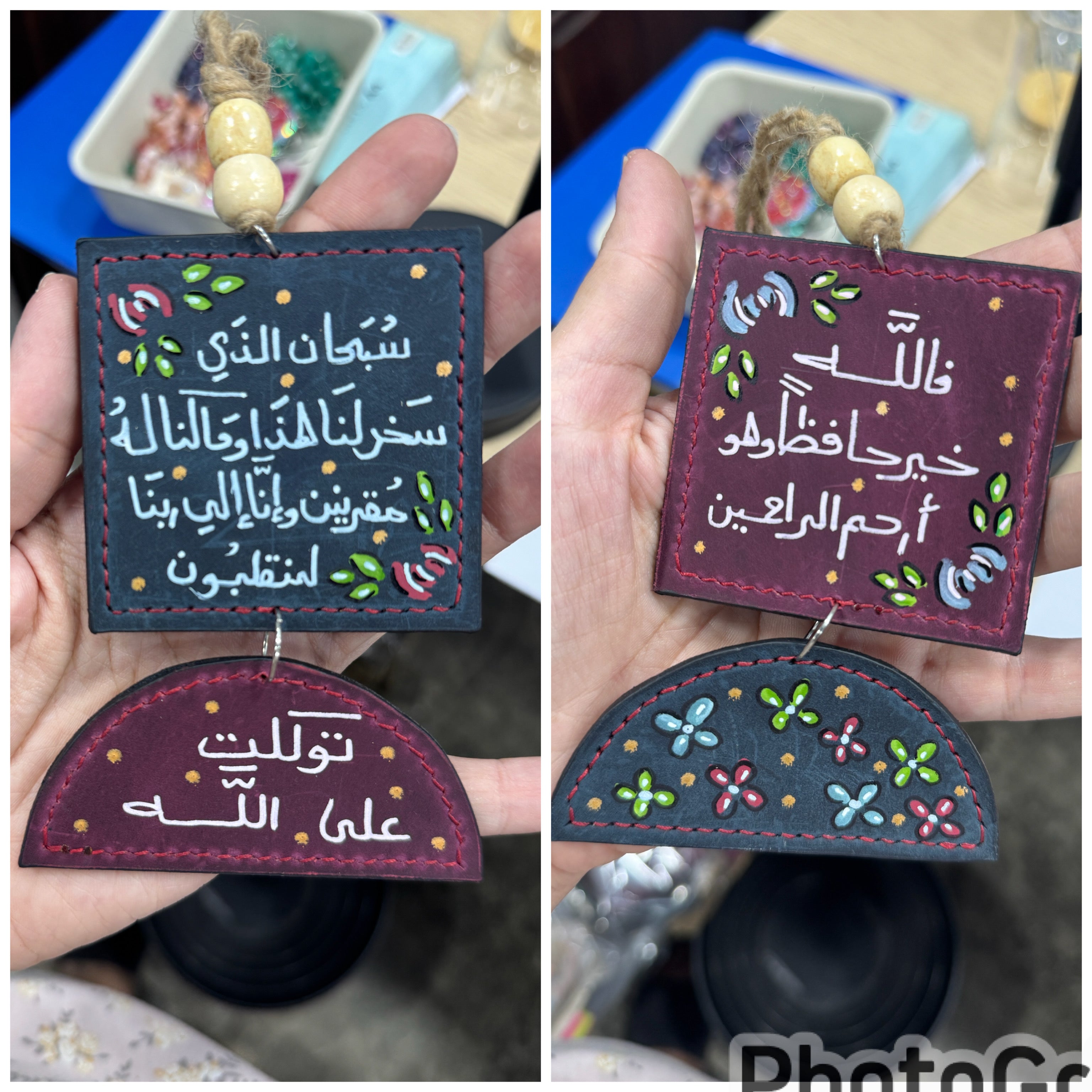 " Flowers Burgundy " Natural Leather Square & Half Circle Car Hanger