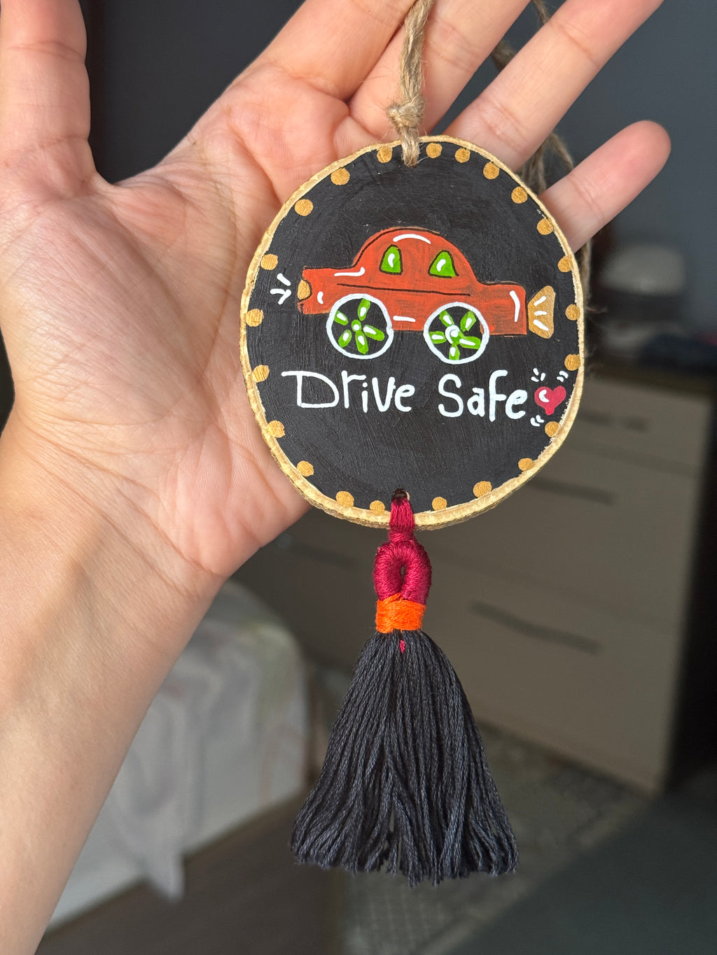Drive Safe Medium Tassel Wood Car Hanger