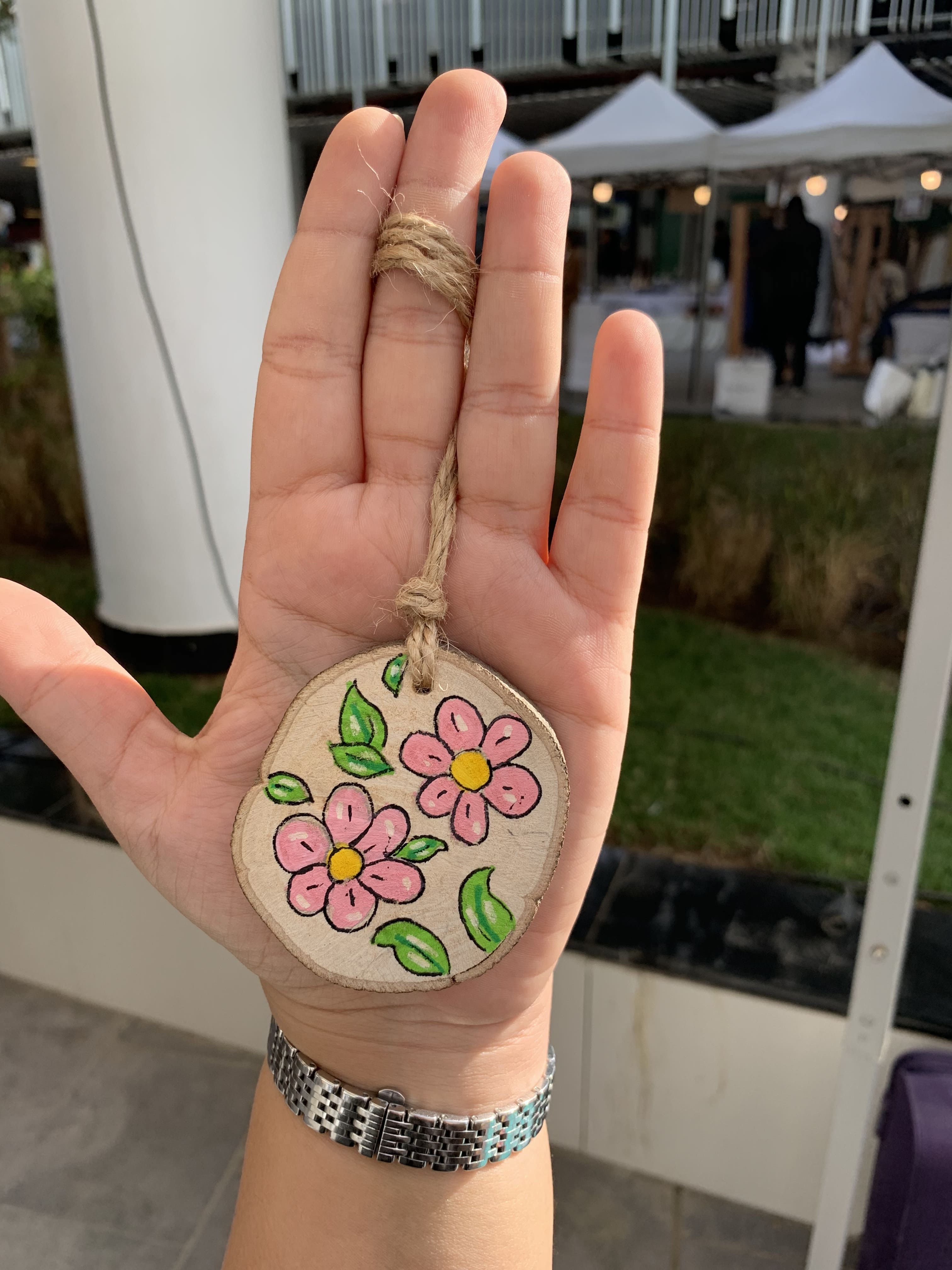 Pink Flowers Small Wood Car Hanger