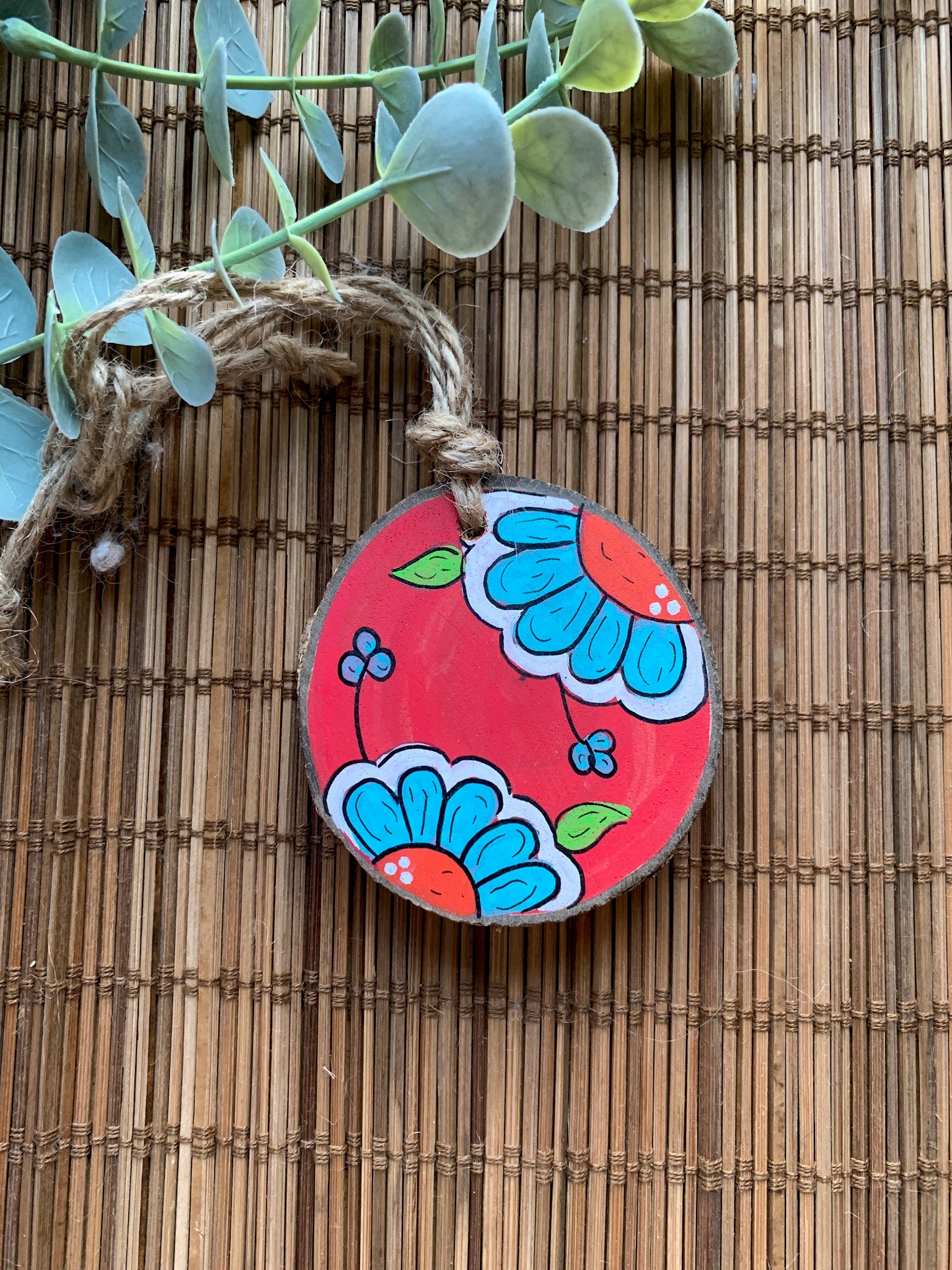 Blue Flowers Small Wood Car Hanger