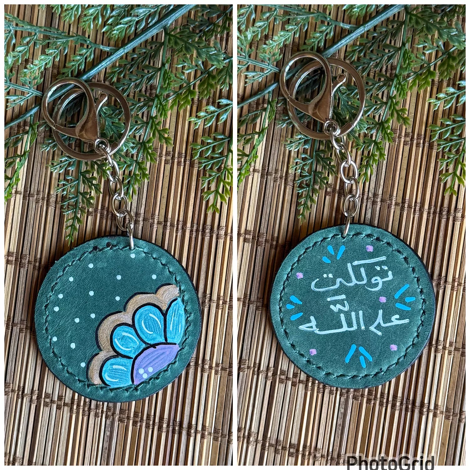 Natural Leather Quote Keychain " Teal Round "