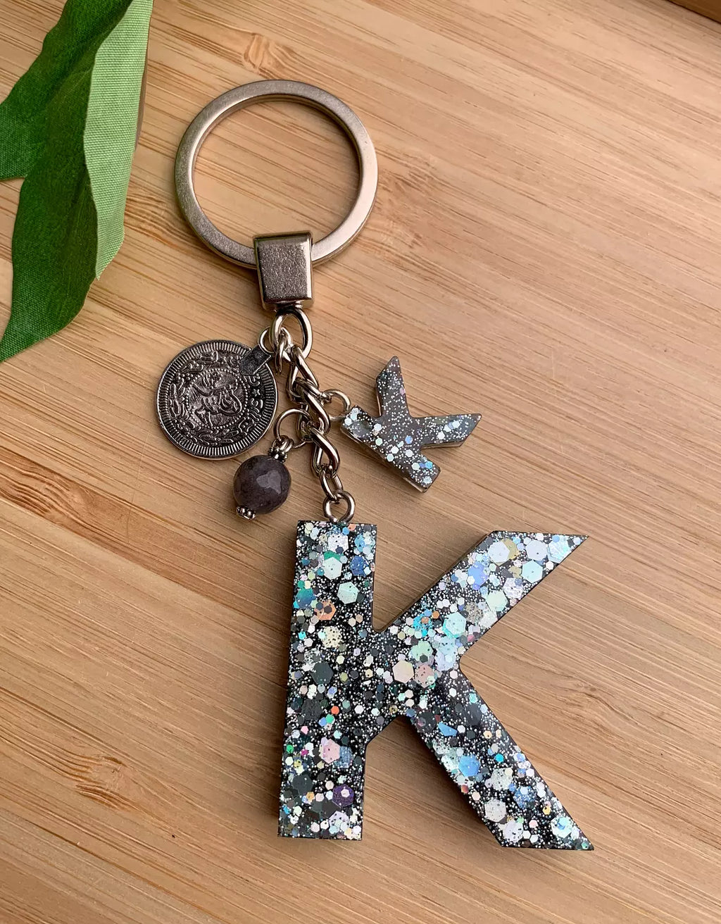 Resin Letters Keychain ( Glitter Space Grey )