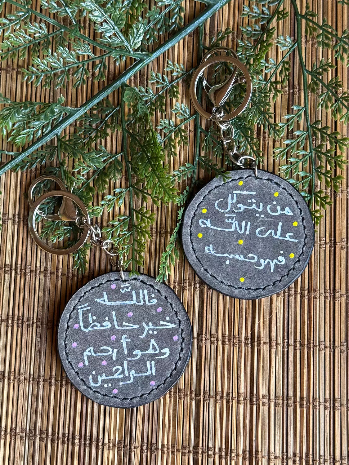 Natural Leather Quote Keychain " Grey Round "