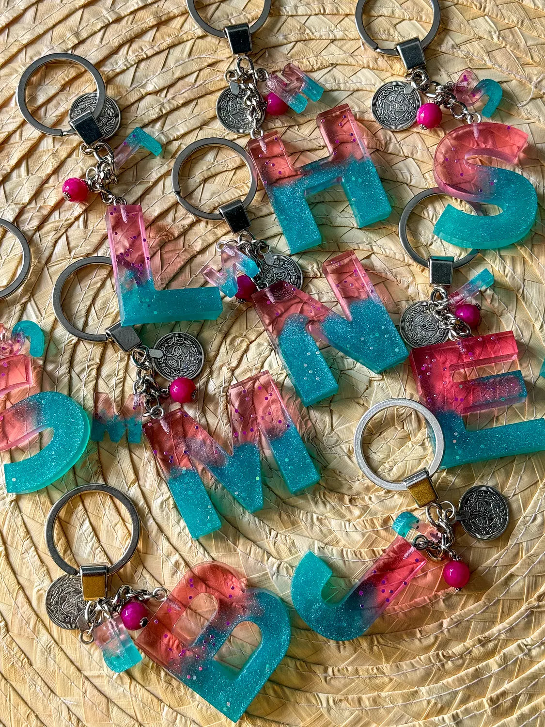 Resin Letters Keychain ( Fuschya & Teal ) 