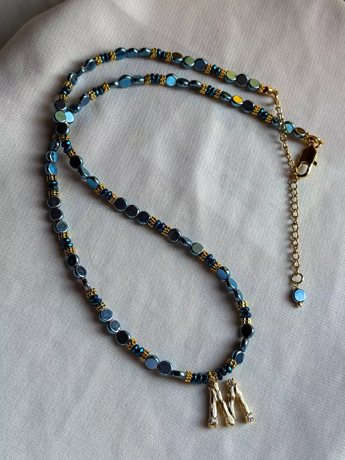 Hematite Letter Necklace " Blue "