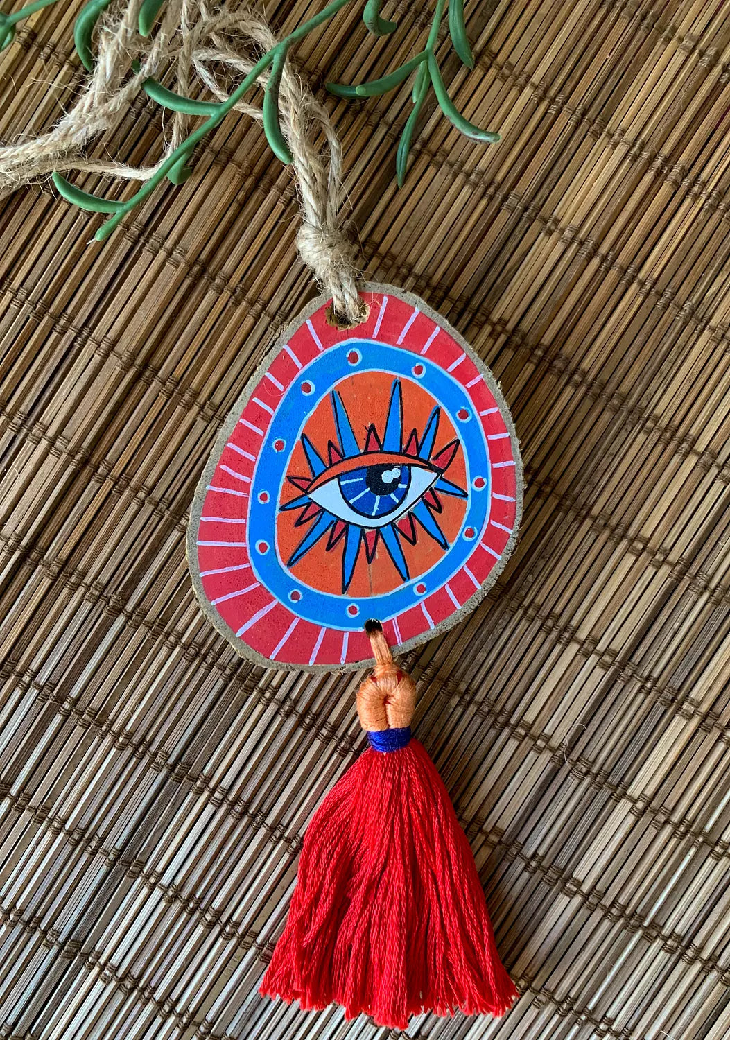 Red Evil Eye Medium Tassel Wood Car Hanger