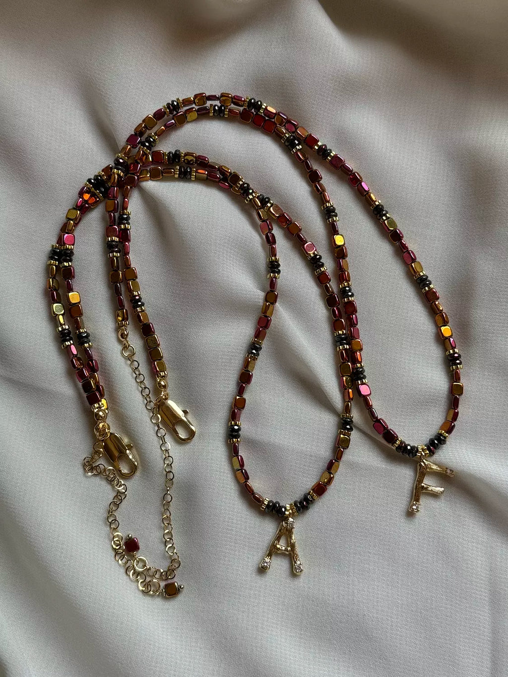 Hematite Letter Necklace " Red Square "