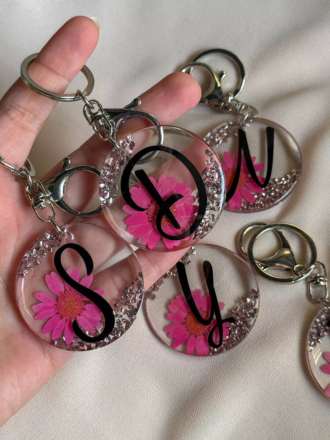 Flowery Acrylic Initial Pink Keychain