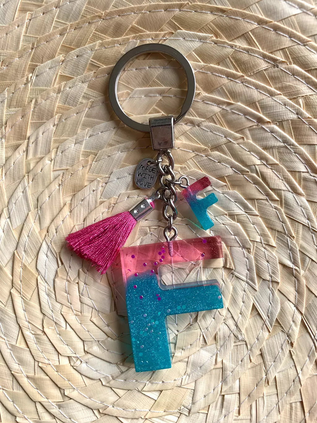 Resin Letters Keychain ( Fuschya & Teal ) 