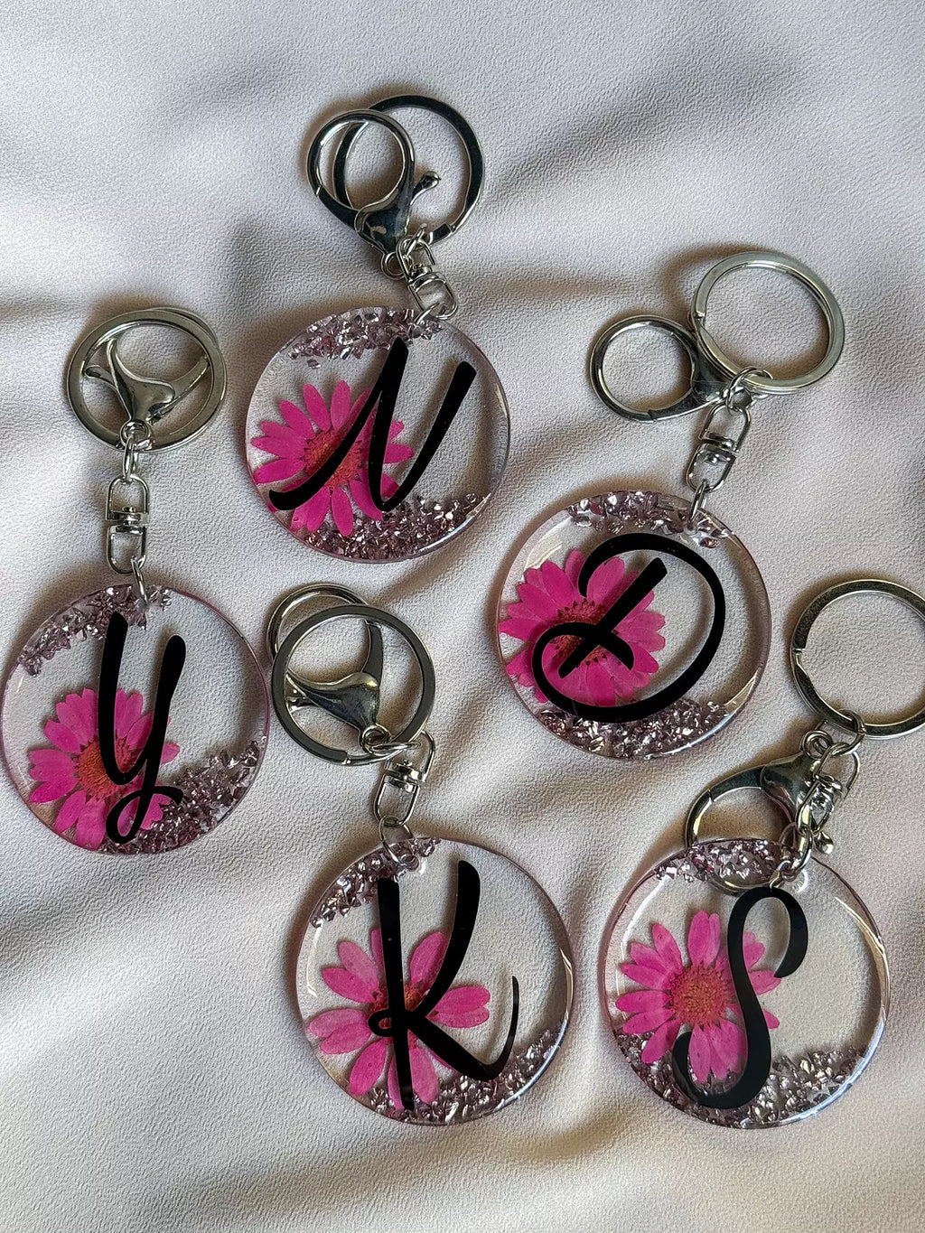 Flowery Acrylic Initial Pink Keychain