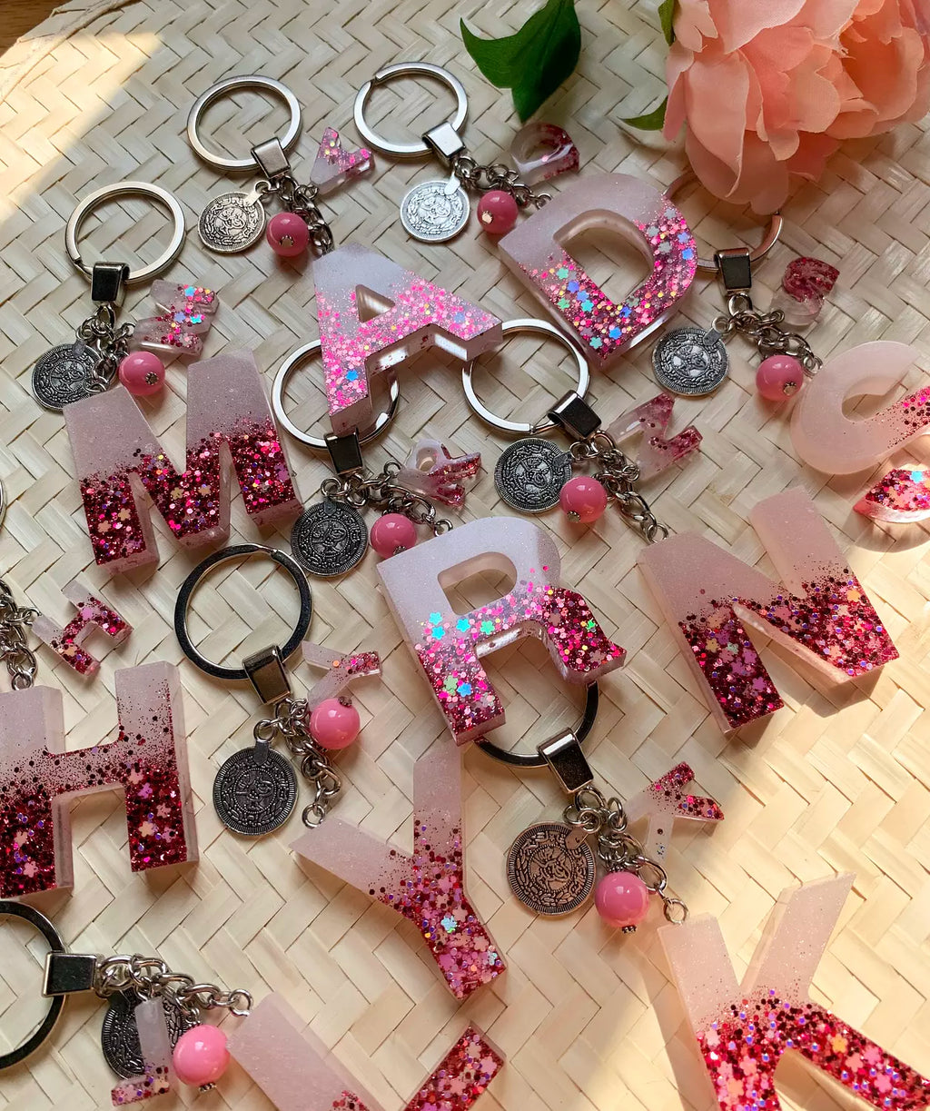 Resin Letters Keychain ( Glitter Pink ) 