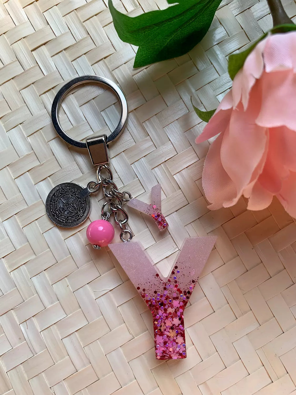 Resin Letters Keychain ( Glitter Pink ) 