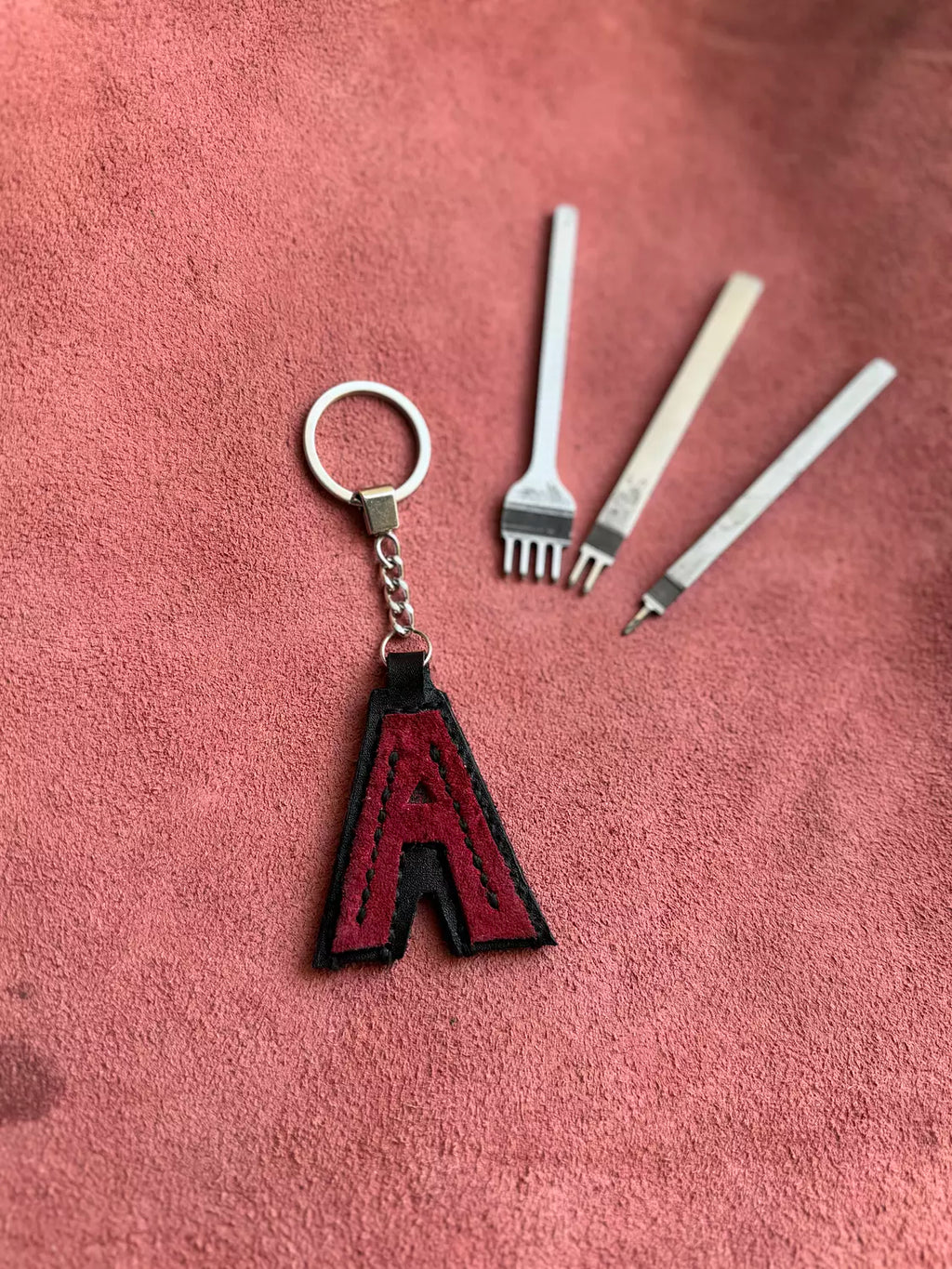 Natural Leather Letters Keychain