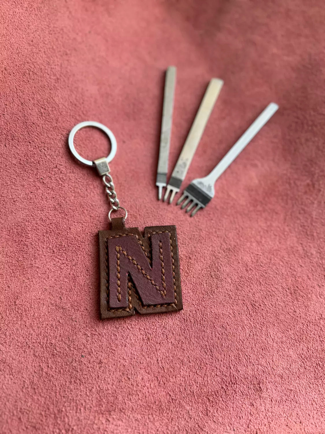Natural Leather Letters Keychain