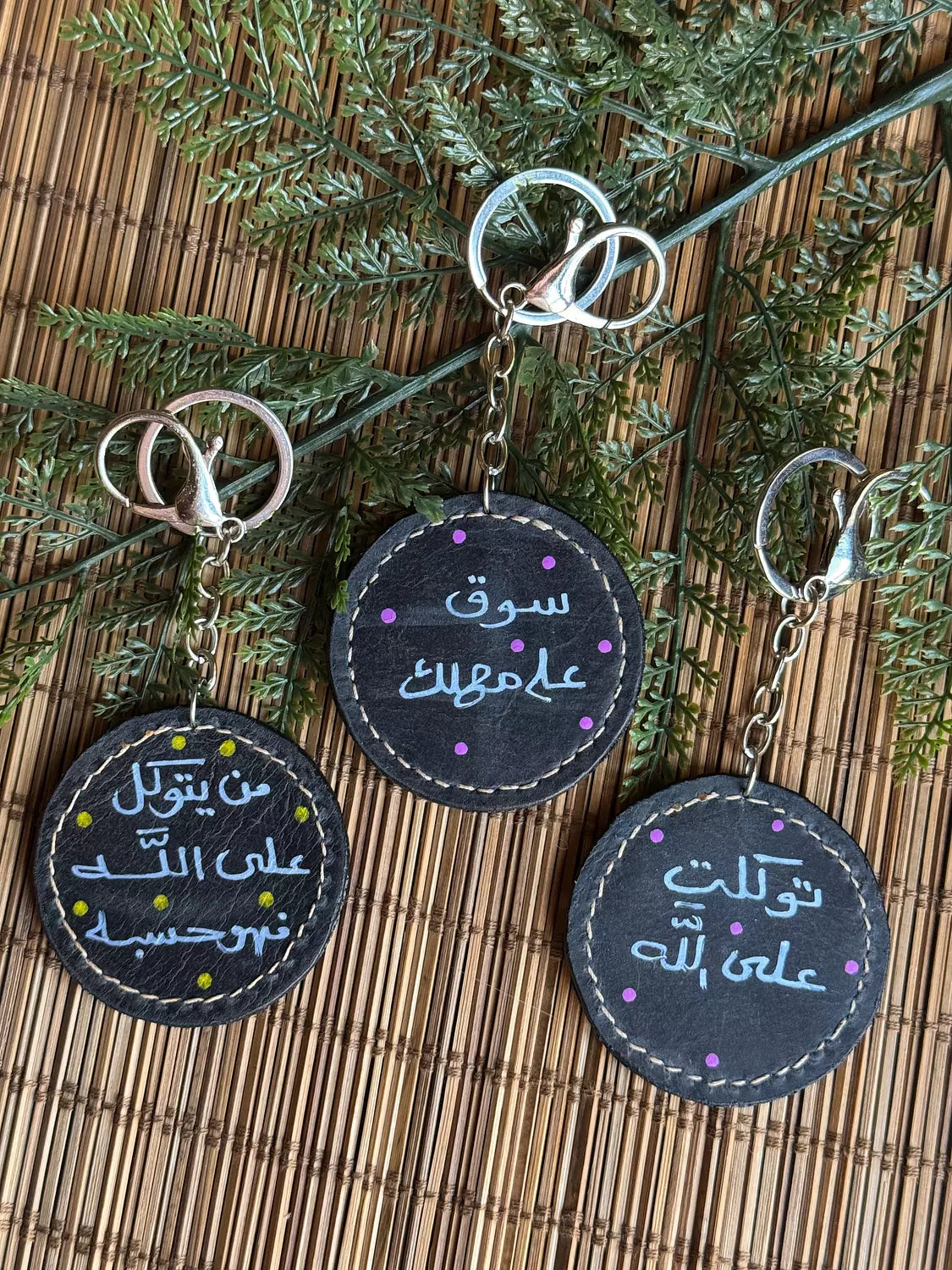 Natural Leather Quote Keychain " Black Round "