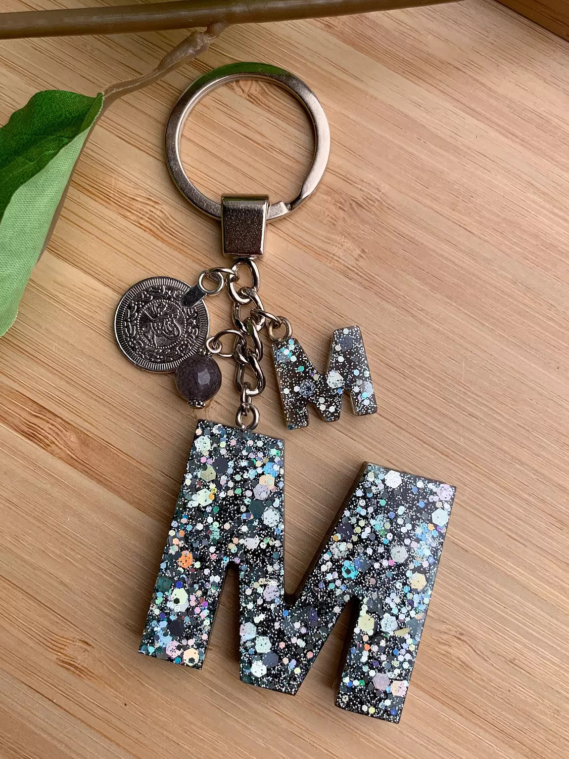 Resin Letters Keychain ( Glitter Space Grey )