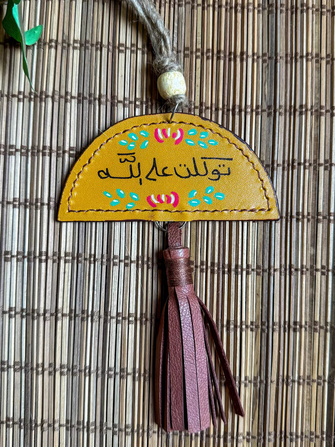  " فوضت أمري " Natural Leather Half Circles & Tassel Car Hanger 