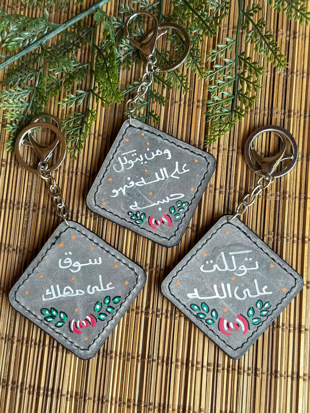 Natural Leather Quote Keychain " Grey Square "