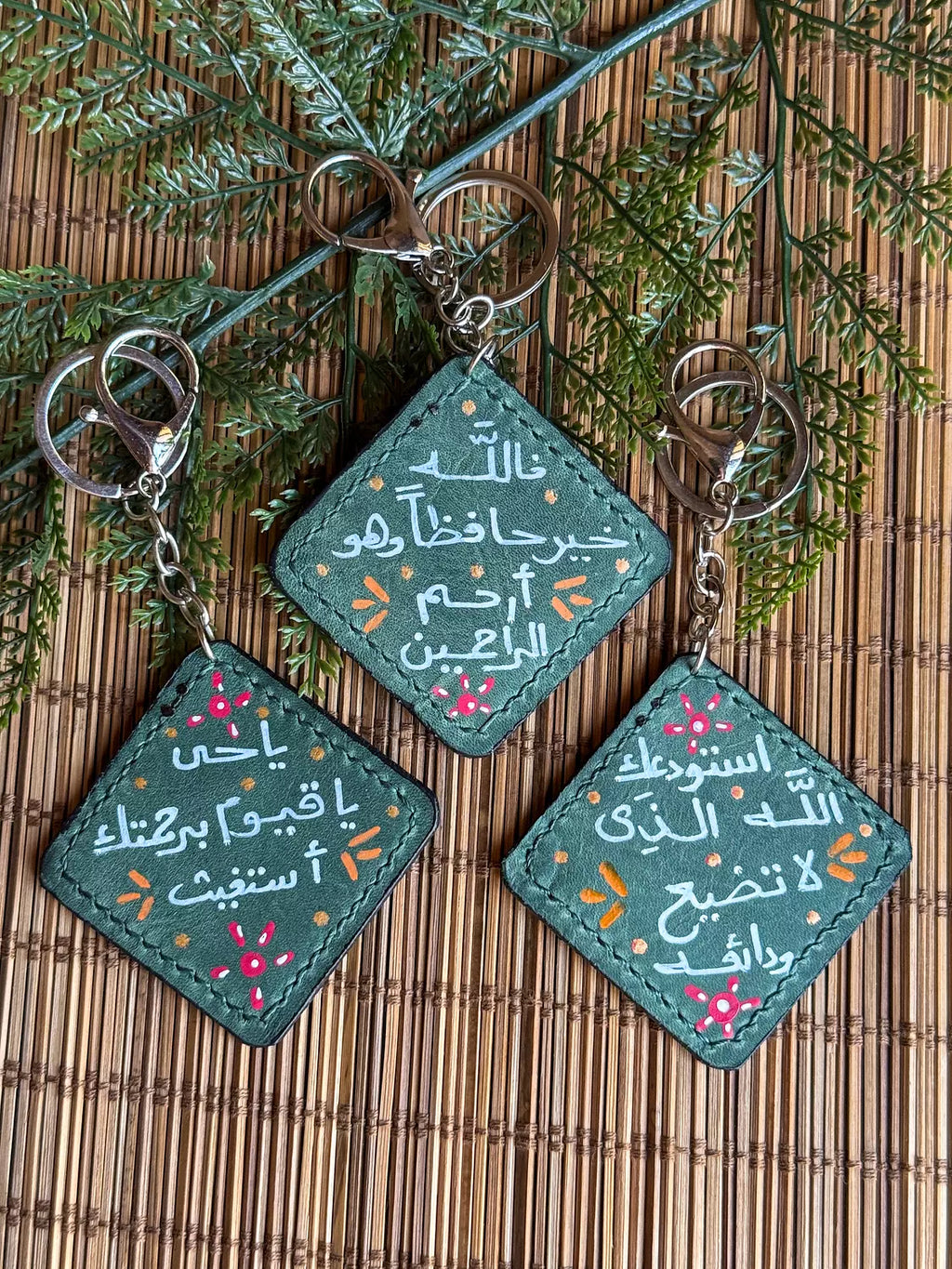 Natural Leather Quote Keychain " Teal Square "