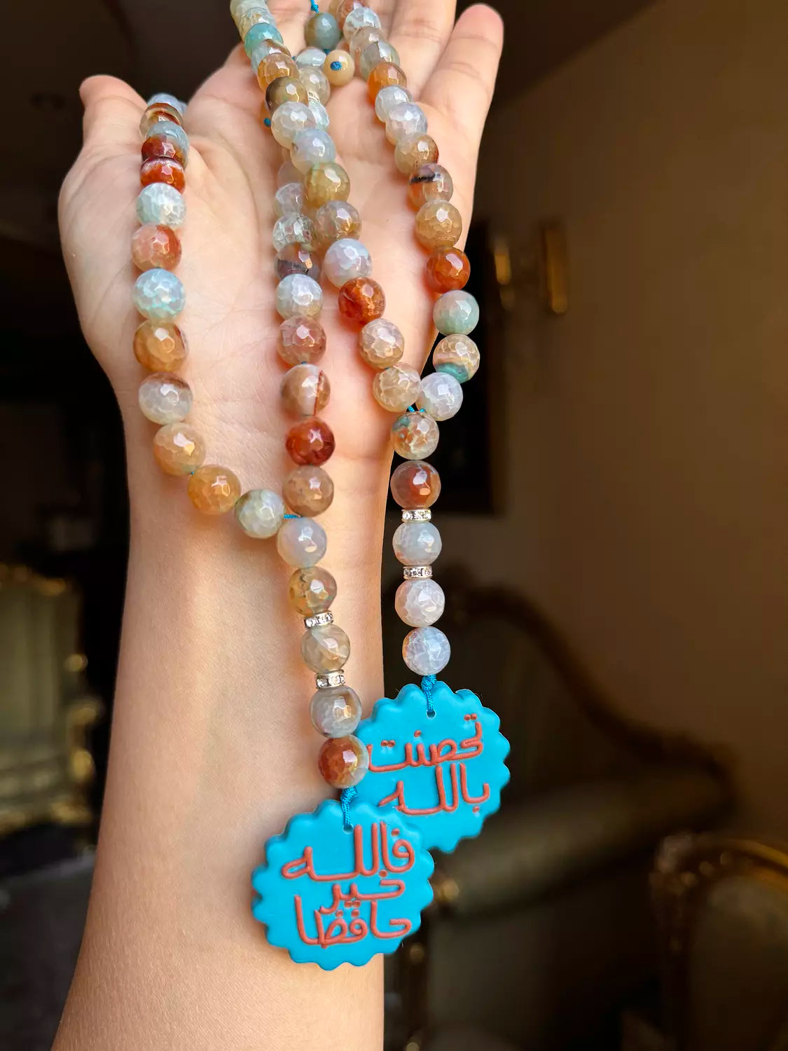 Agate Aqua Rosary Car Hanger