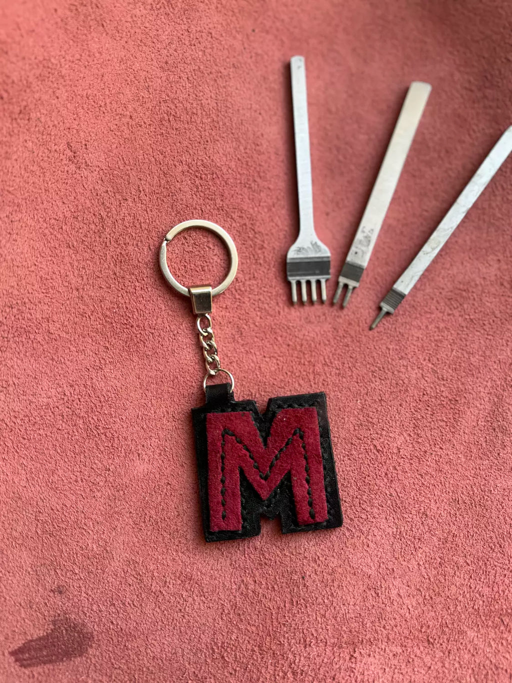 Natural Leather Letters Keychain