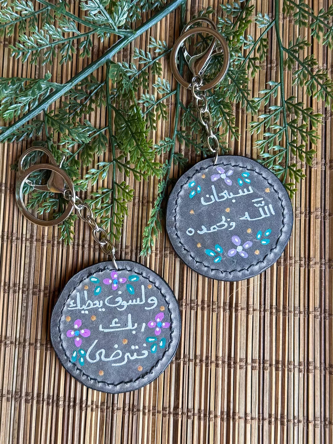 Natural Leather Quote Keychain " Grey Round "