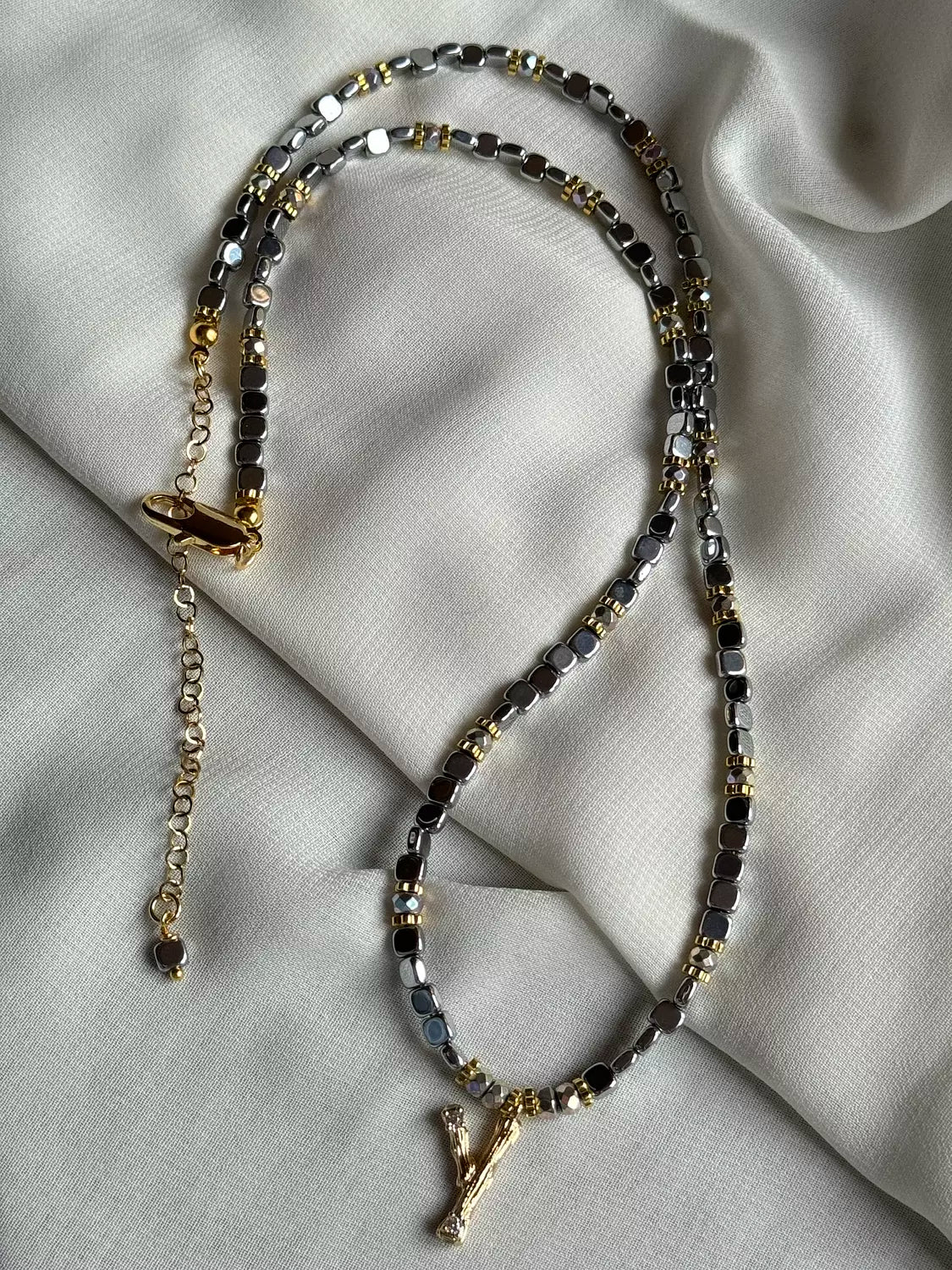 Hematite Letter Necklace " Silver Square "