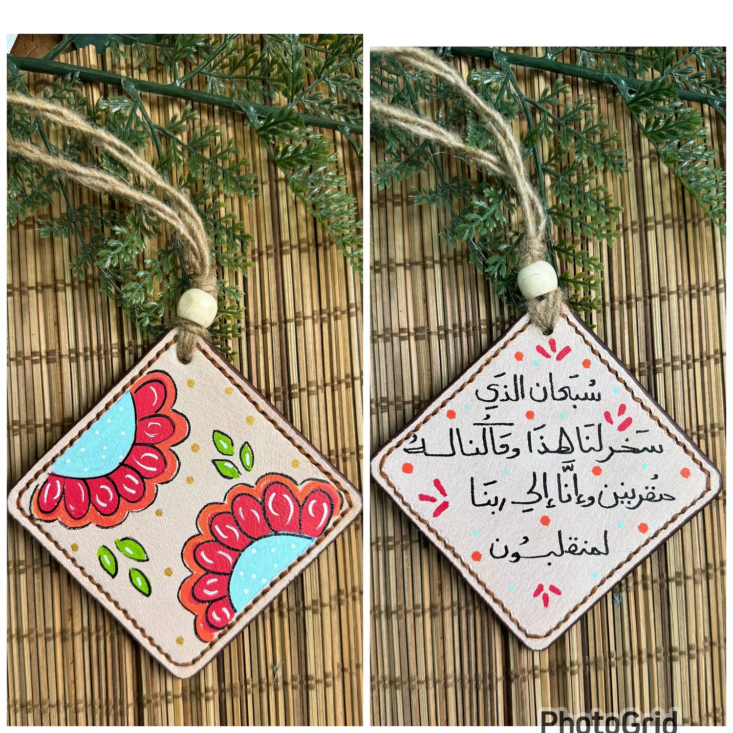  " Red Flower " Natural Leather Square Car Hanger