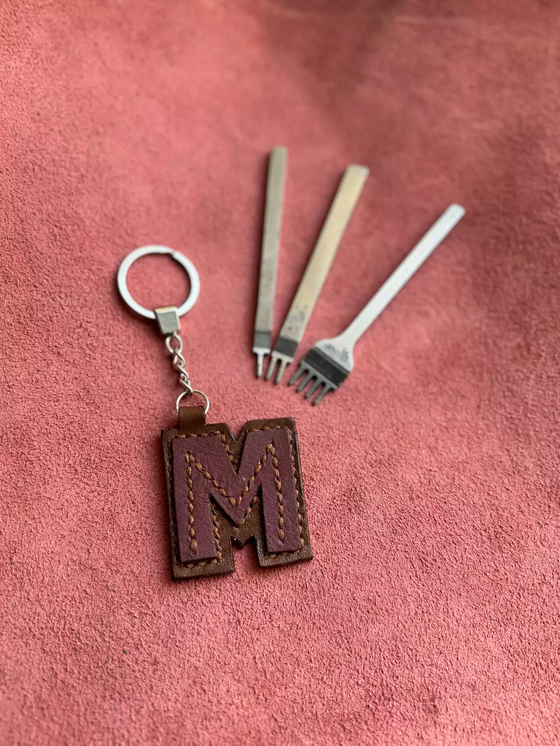 Natural Leather Letters Keychain