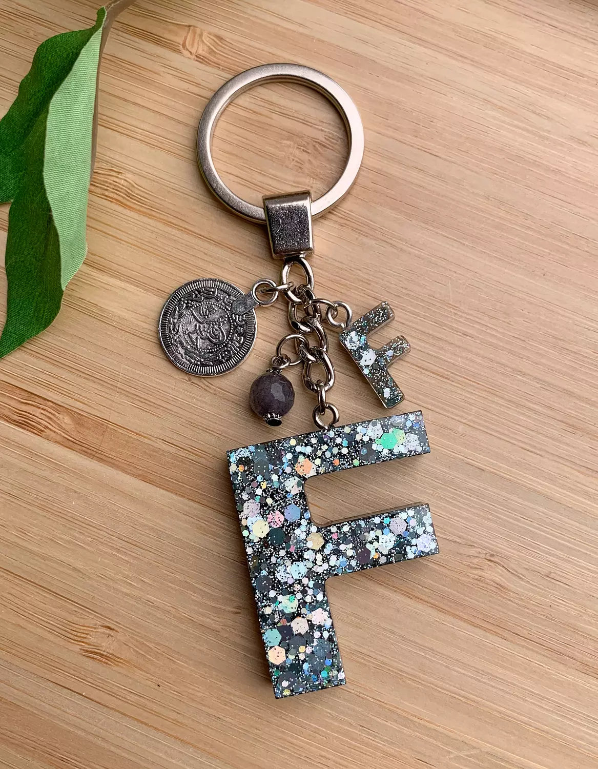 Resin Letters Keychain ( Glitter Space Grey )