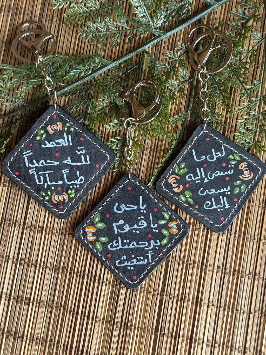 Natural Leather Quote Keychain " Black Square "