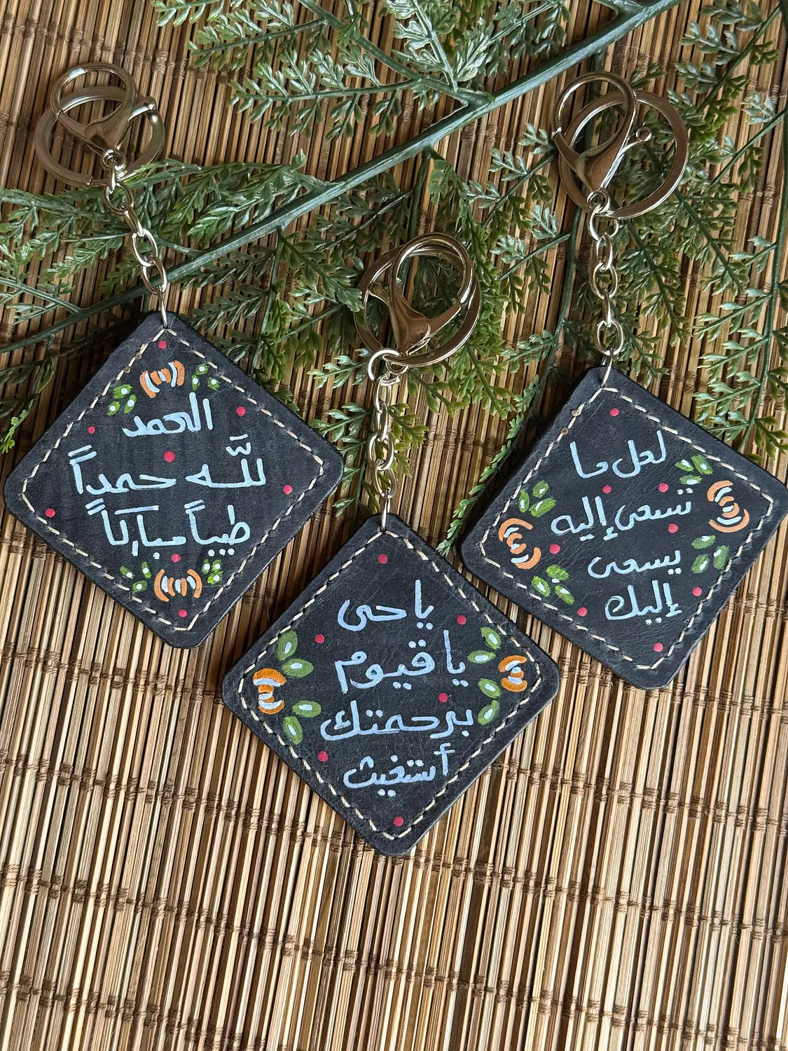 Natural Leather Quote Keychain " Black Square "