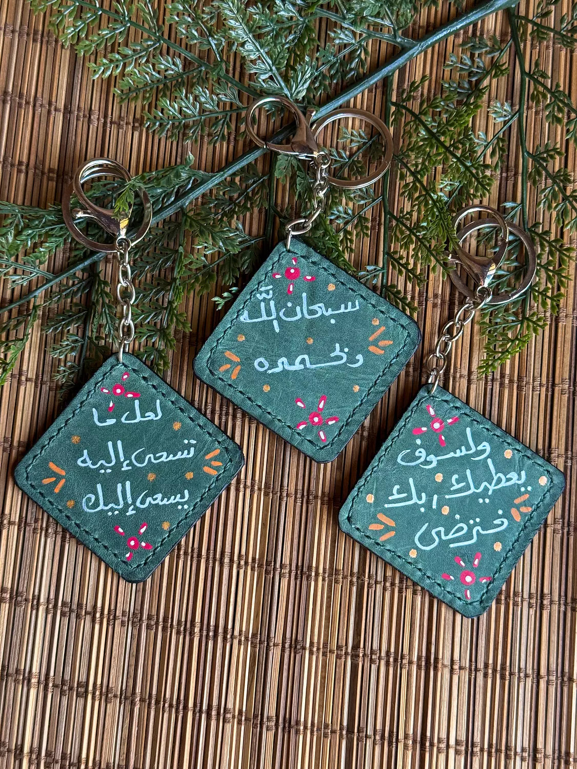 Natural Leather Quote Keychain " Teal Square "