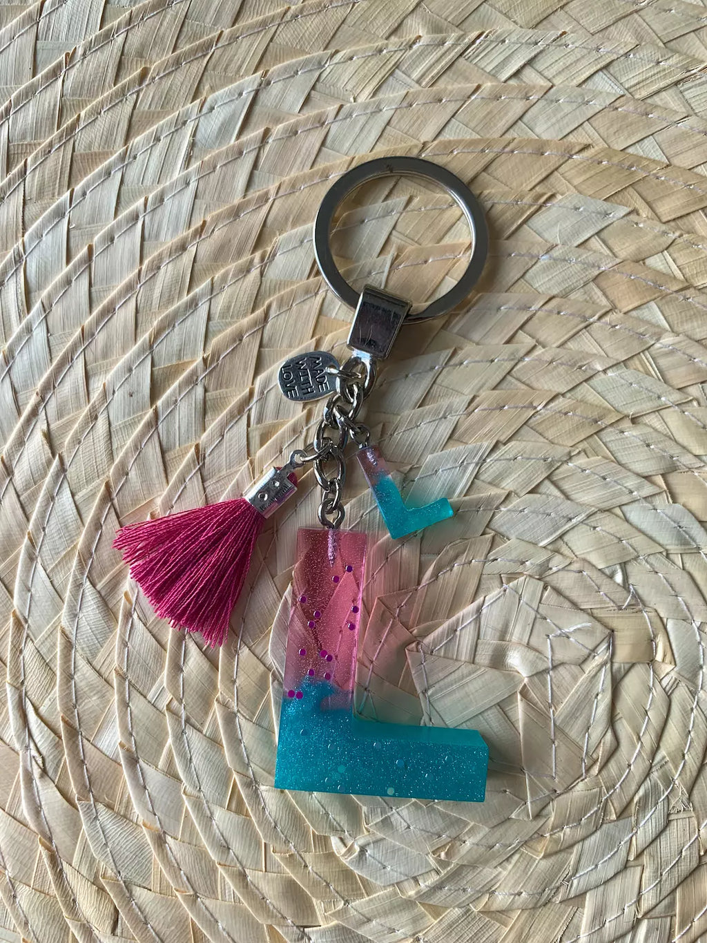 Resin Letters Keychain ( Fuschya & Teal ) 