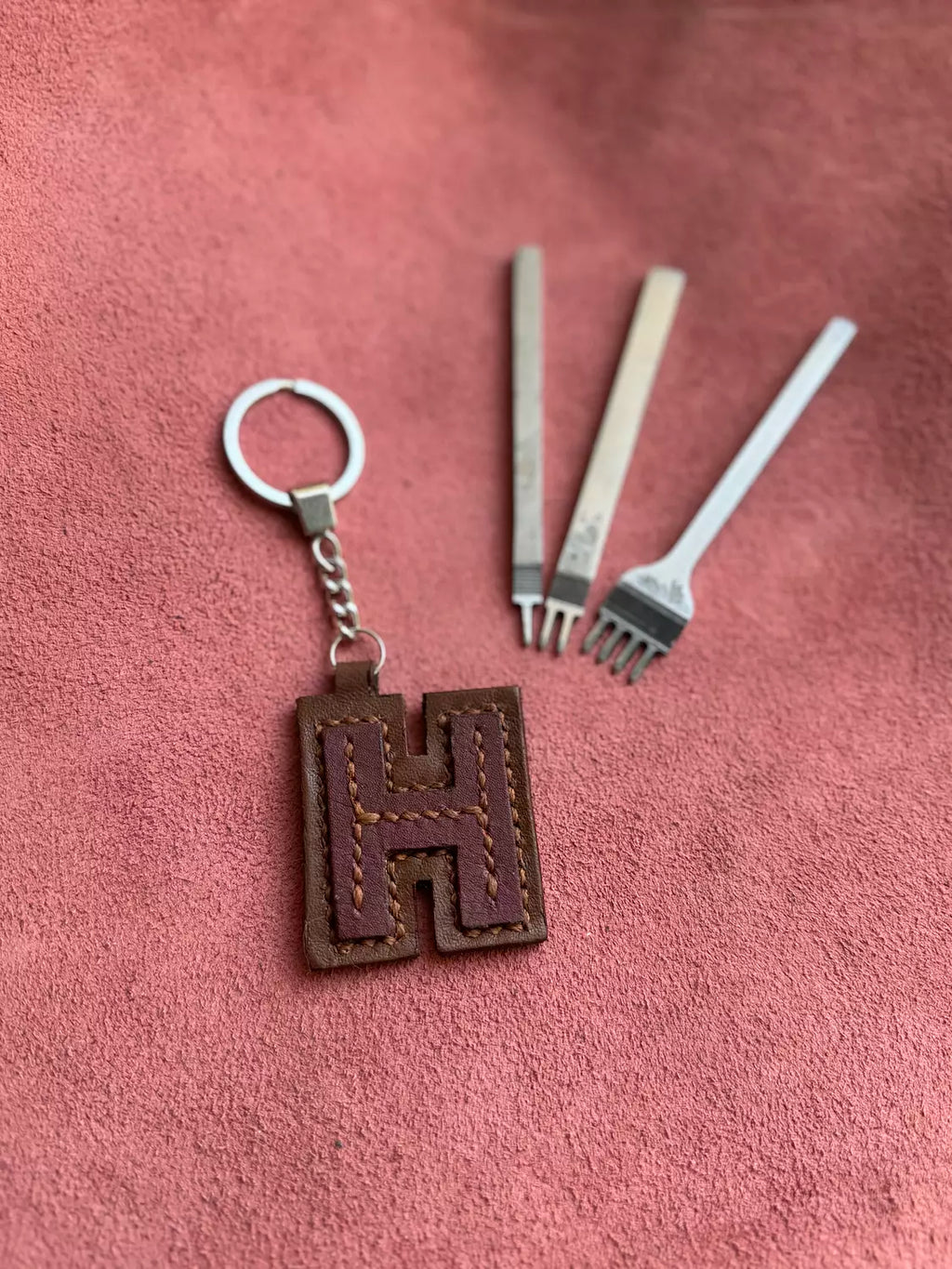 Natural Leather Letters Keychain
