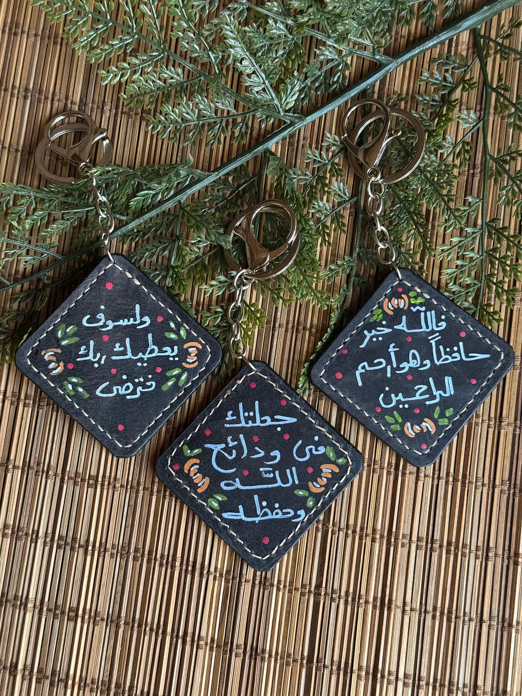 Natural Leather Quote Keychain " Black Square "