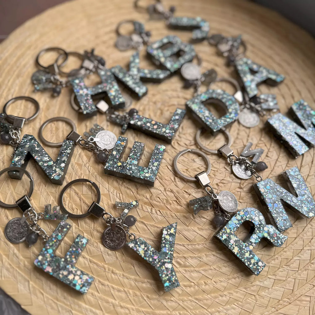 Resin Letters Keychain ( Glitter Space Grey )